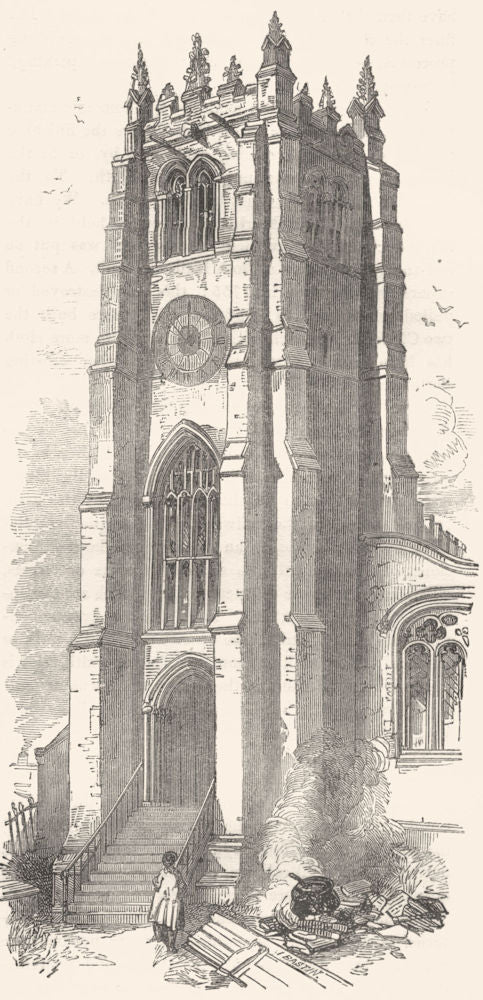 YORKSHIRE. Tower of the Old Church, Bradford 1850 antique print picture